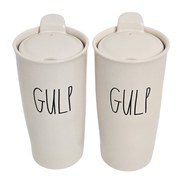Rae Dunn "Gulp" Ivory Ceramic 12 oz Travel Coffee Tumbler (Set of 2) - Picture 1 of 6